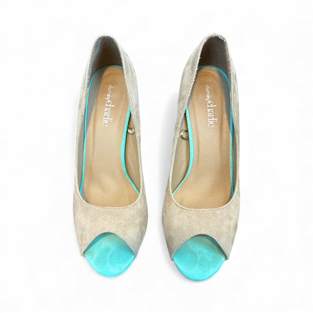 Charming Charlie Suede Beige and Turquoise Peep-Toe Heels 8.5